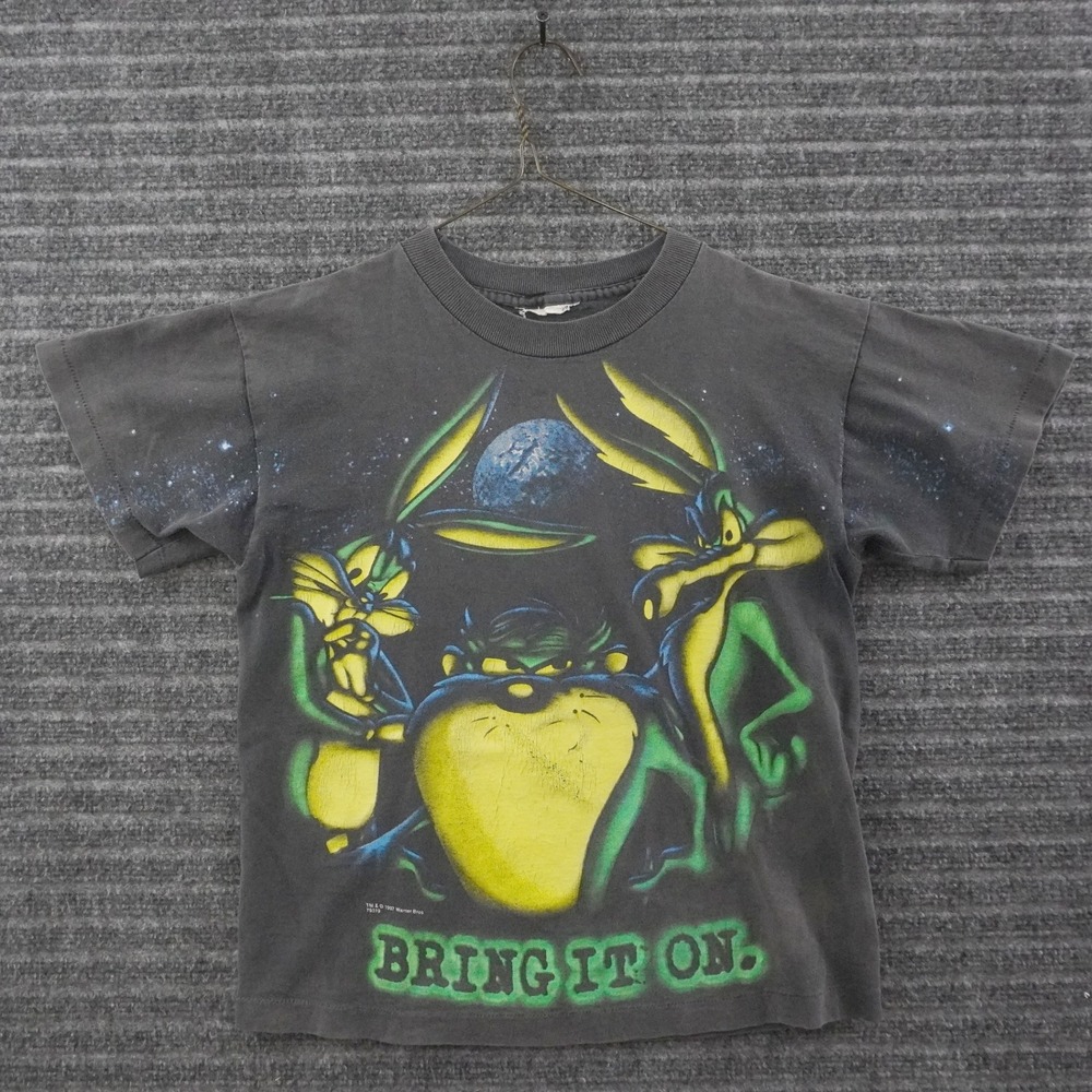 Vintage 90s Looney Tunes T-Shirt Kids M Black Taz Wile E Coyote Bring It On
